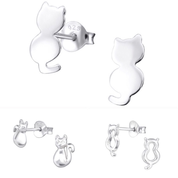 925 Sterling Silver Cat Earrings Set of 3 - Picture 1 of 8